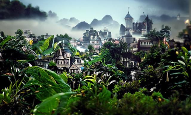 Lush Jungle Town on Plateau: Matte Painting
