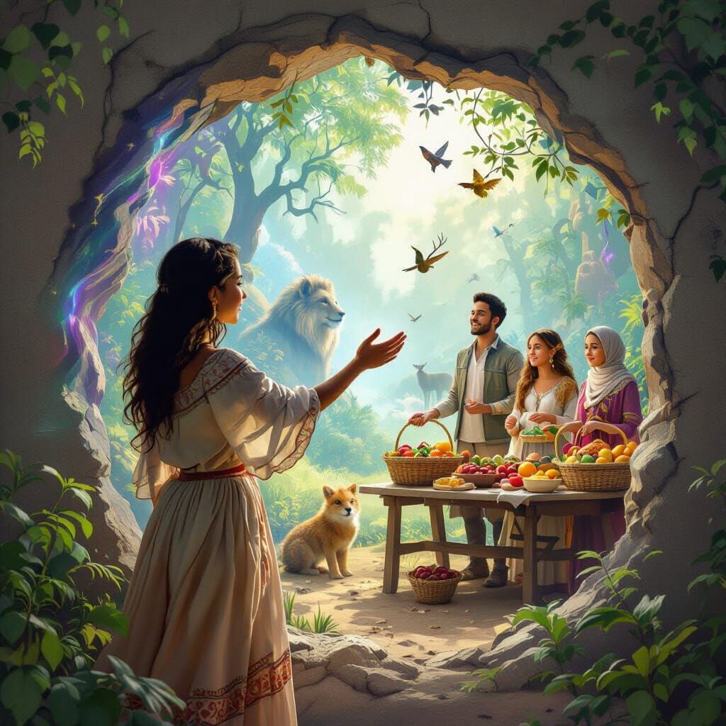 Hispanic Woman Enters Iridescent Forest Portal