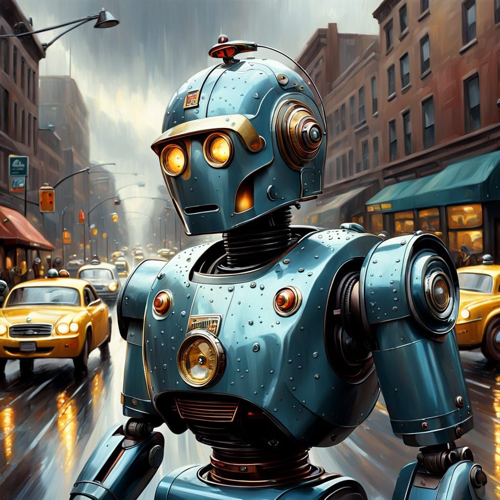 Robot Directs Traffic: Fine Art Oil Painting