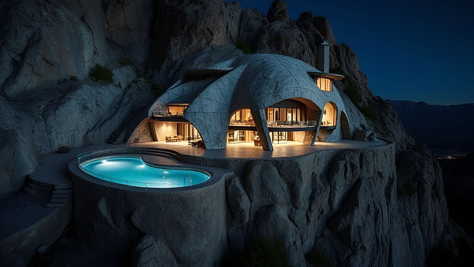 Futuristic Cliffside Mansion with Pool at Night
