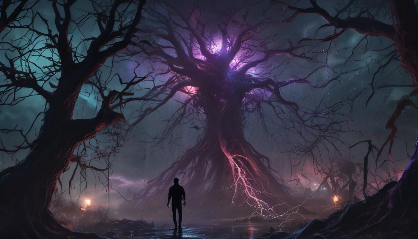 Psychedelic Vampire Zombie Concept Art in Stormy Night