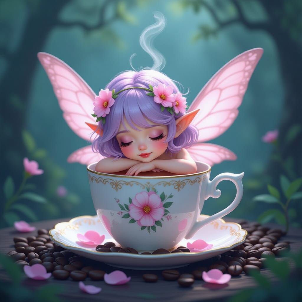 Dreamlike Fairy Resting in Teacup, Digital Art