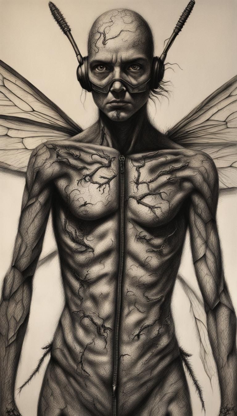 Human-Dragonfly Hybrid Charcoal Drawing: Shadow Blast