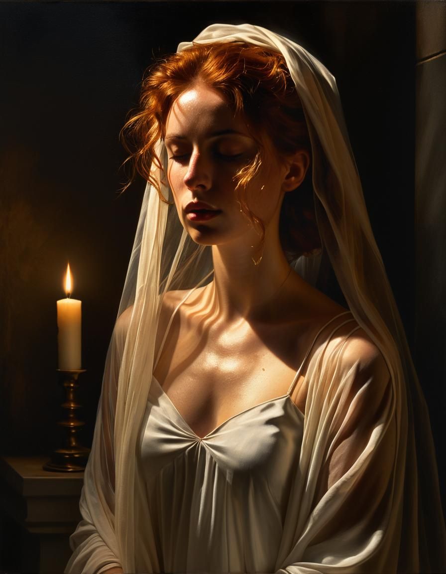 Auburn Woman in Chapel: Chiaroscuro Oil Portrait