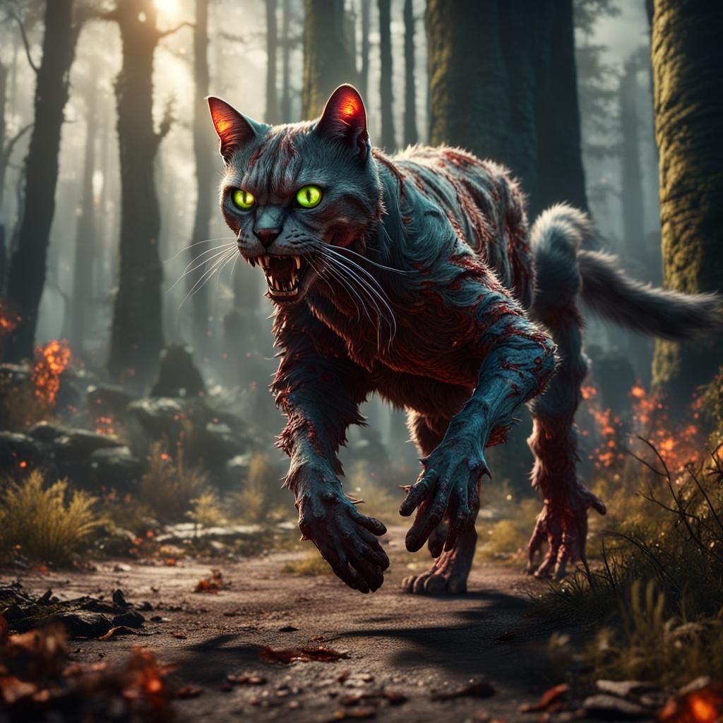 Zombie Cat Lunging from the Woods