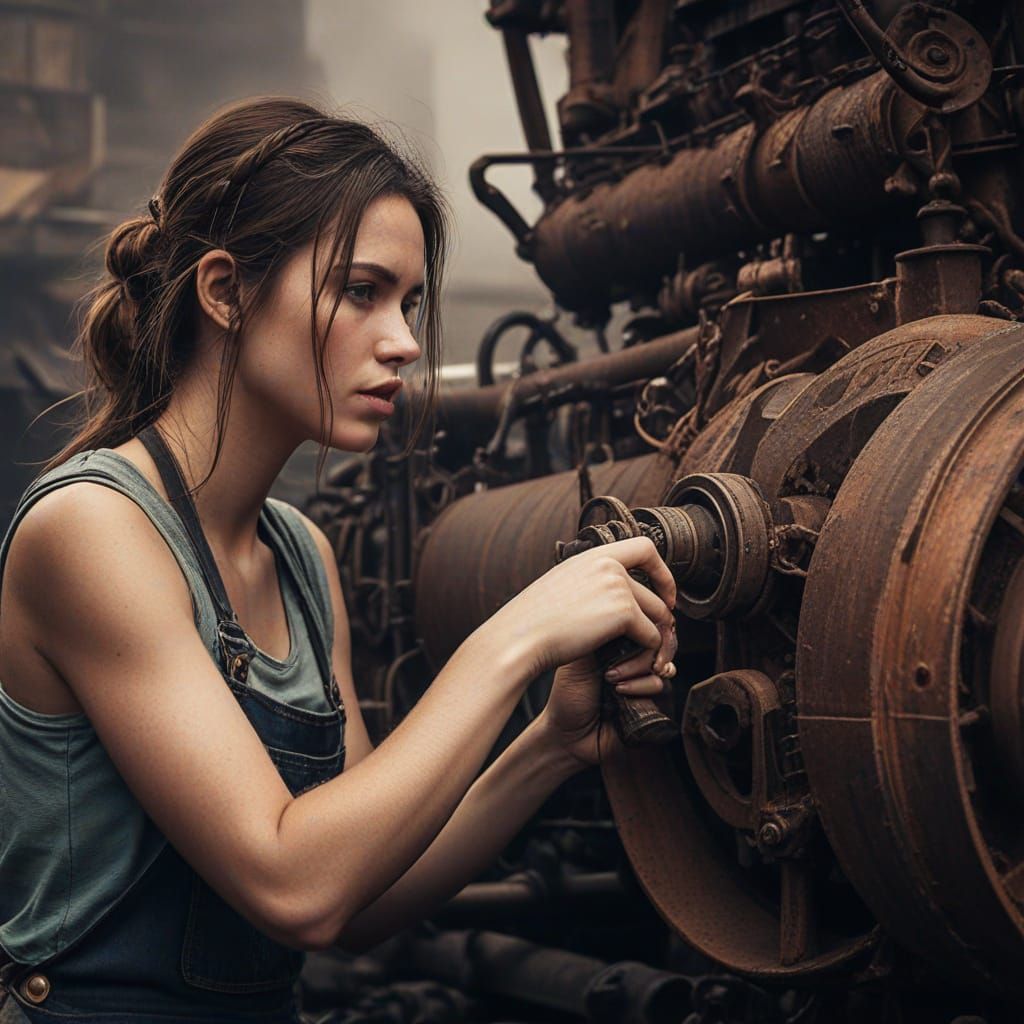 Girl Repairs Car in Gritty Dieselpunk Scene