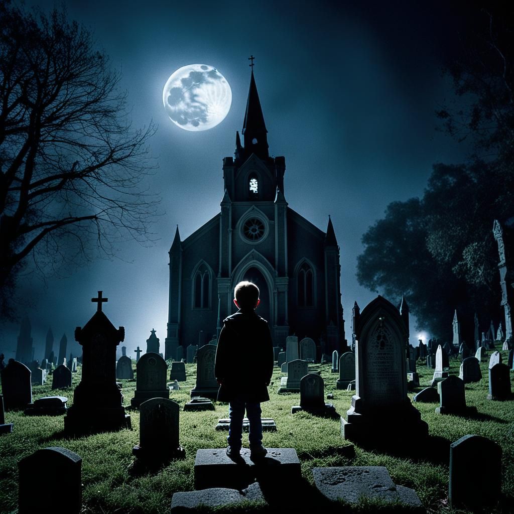 Crying Child in Gothic Graveyard by Moonlight