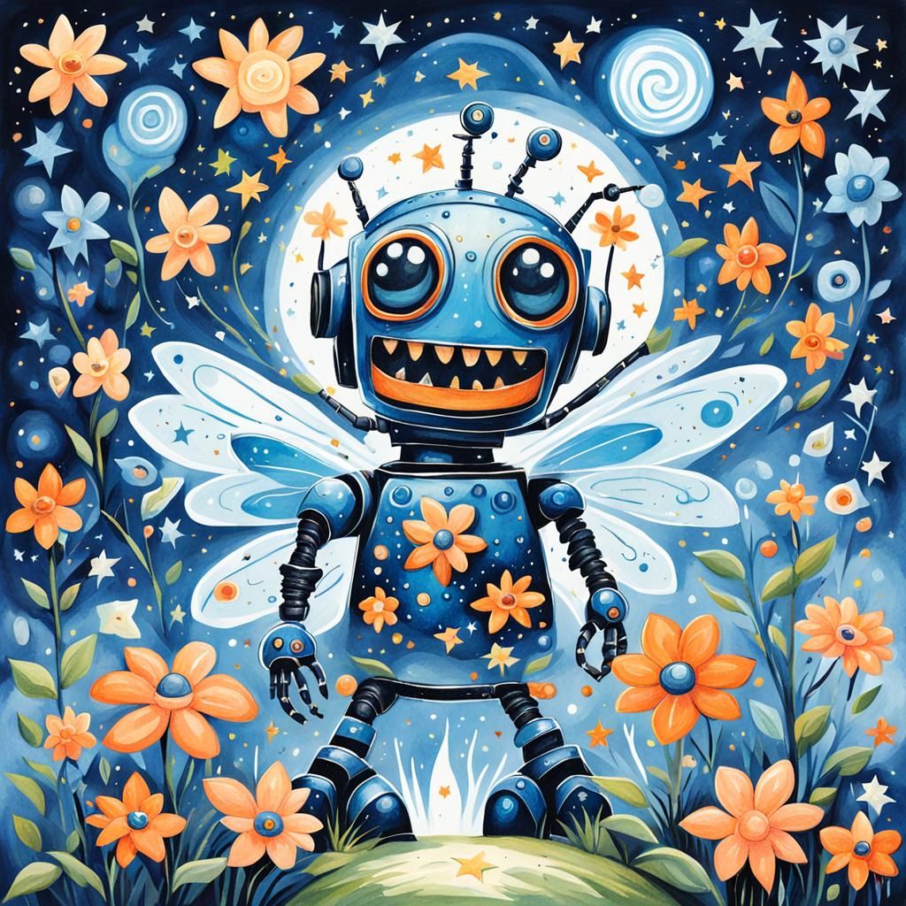 Robot Fairy Grows Magical Flower in Storybook Art