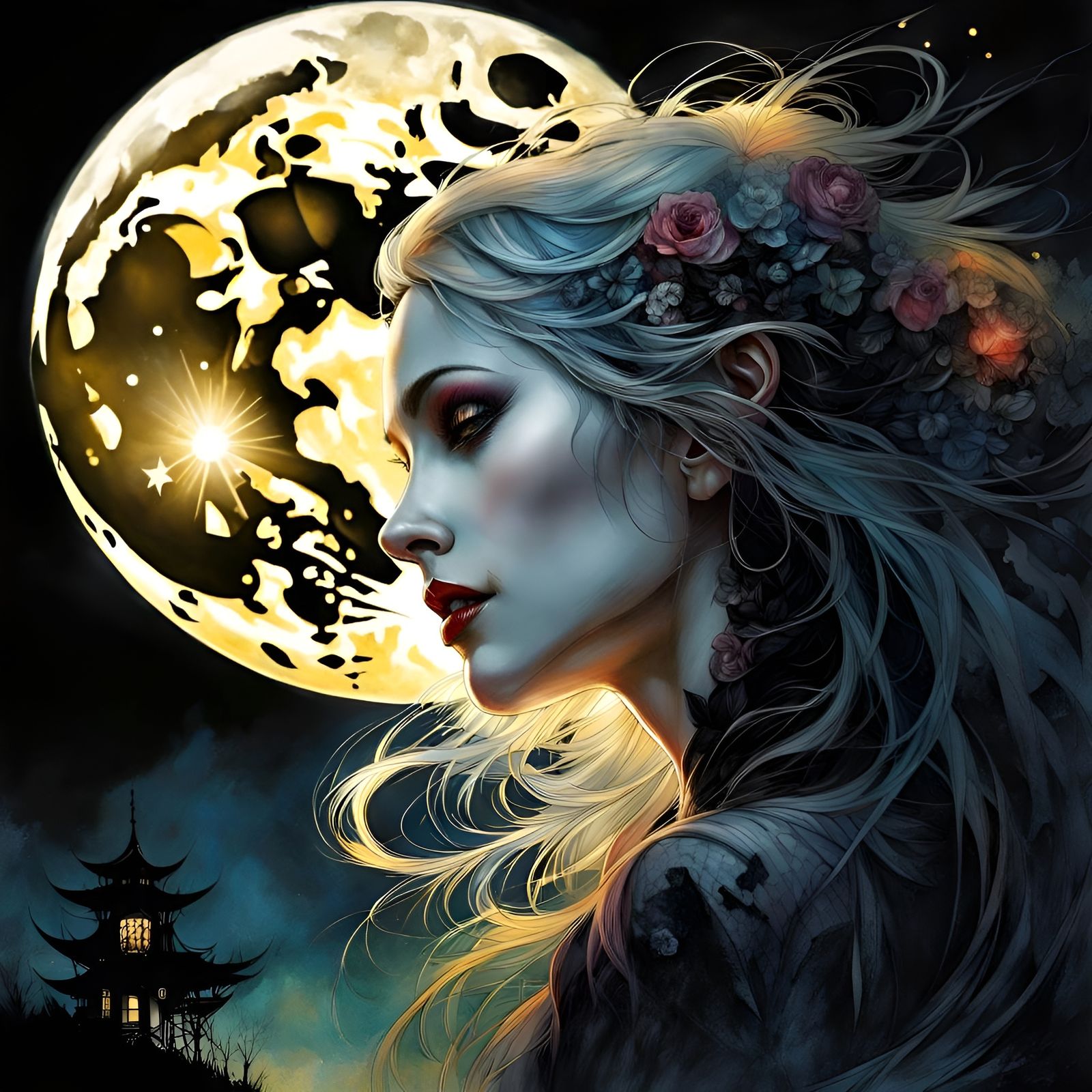 Vampire Grinning in Moonlight, Darkly Rainbow Art