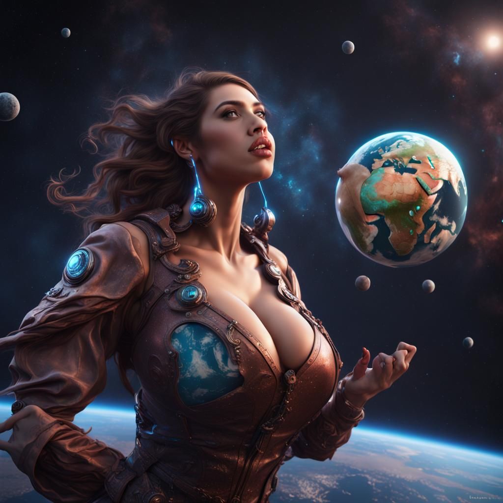 Giantess in Space Holding Earth, Digital Art