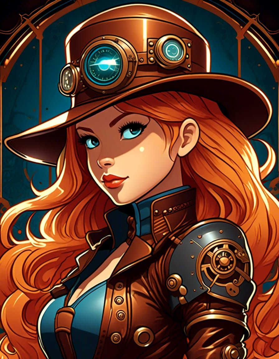 ink linework ornament of a Steampunk Cartoon Little Girl with copper texture armor in Steampunk style, Leather hat with ...