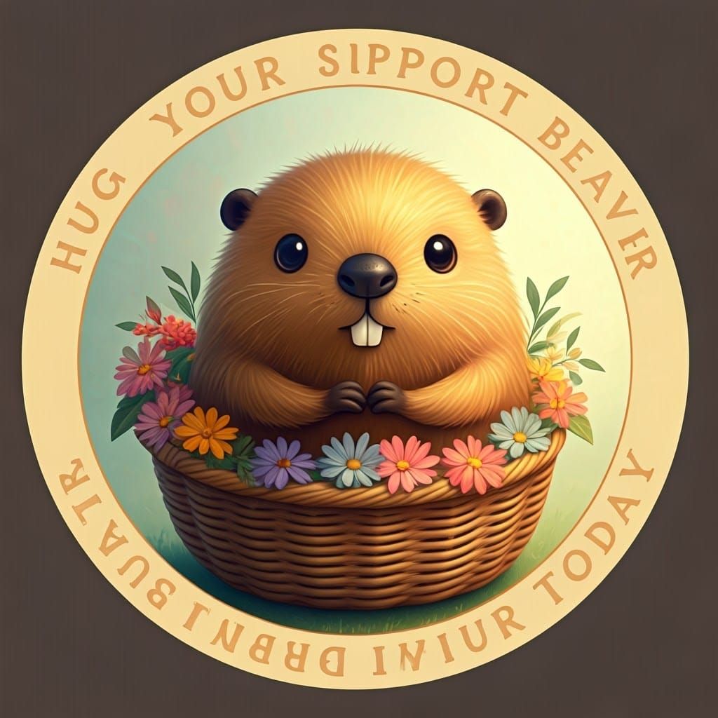 Cute Baby Beaver in Basket of Flowers