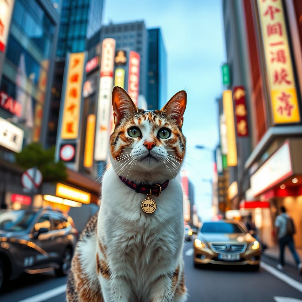 Cat in Tokyo Cityscape