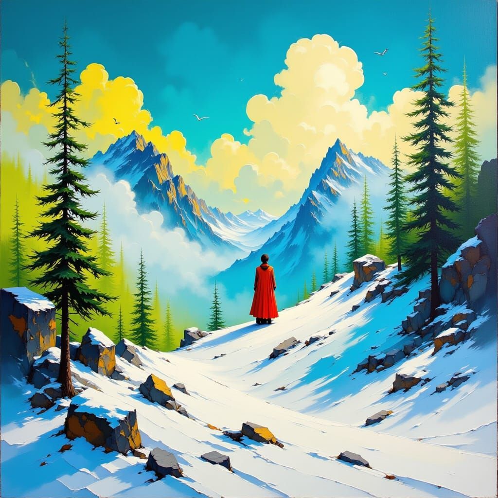 Surrealist Figure Contemplates Self in Snowy Landscape