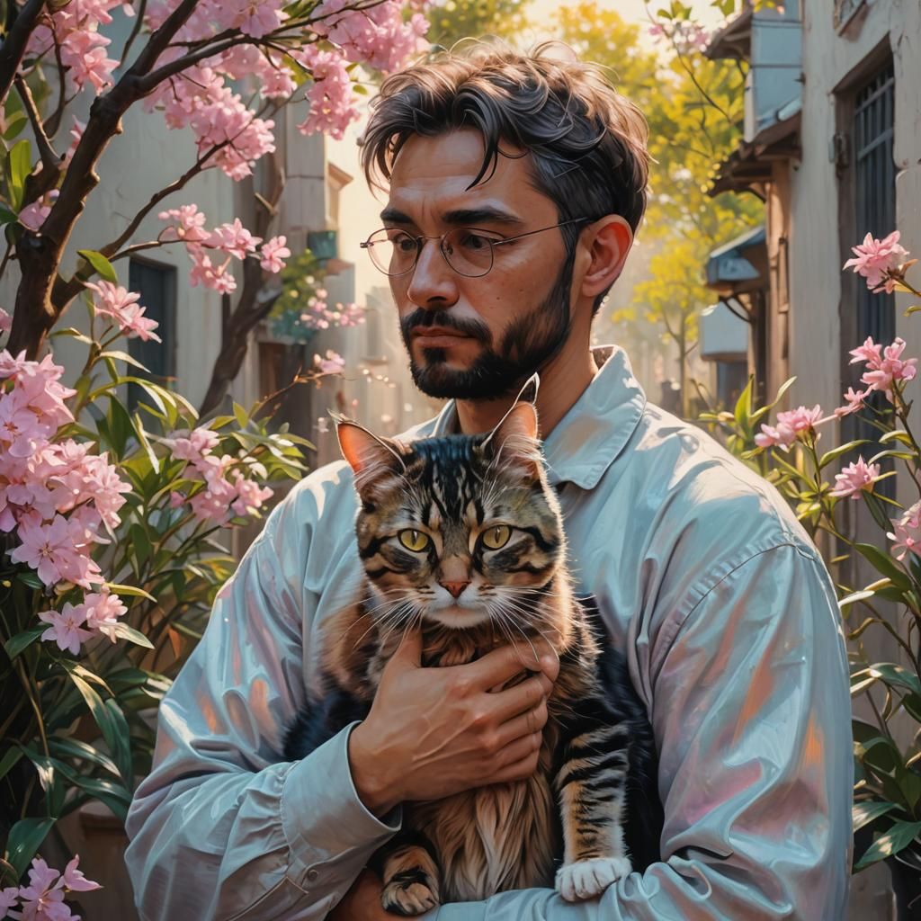 Cute Man and Cat Portrait in Pastel Colors