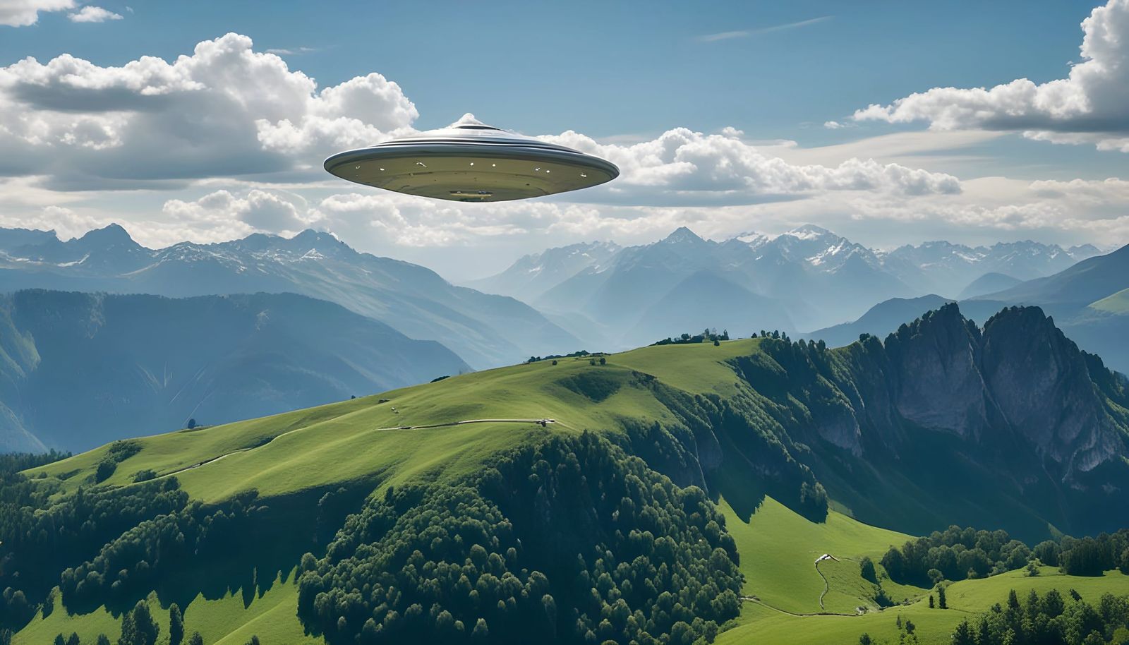 Surreal Flying Saucer Sculpture Emerging from Swiss Alp Land...
