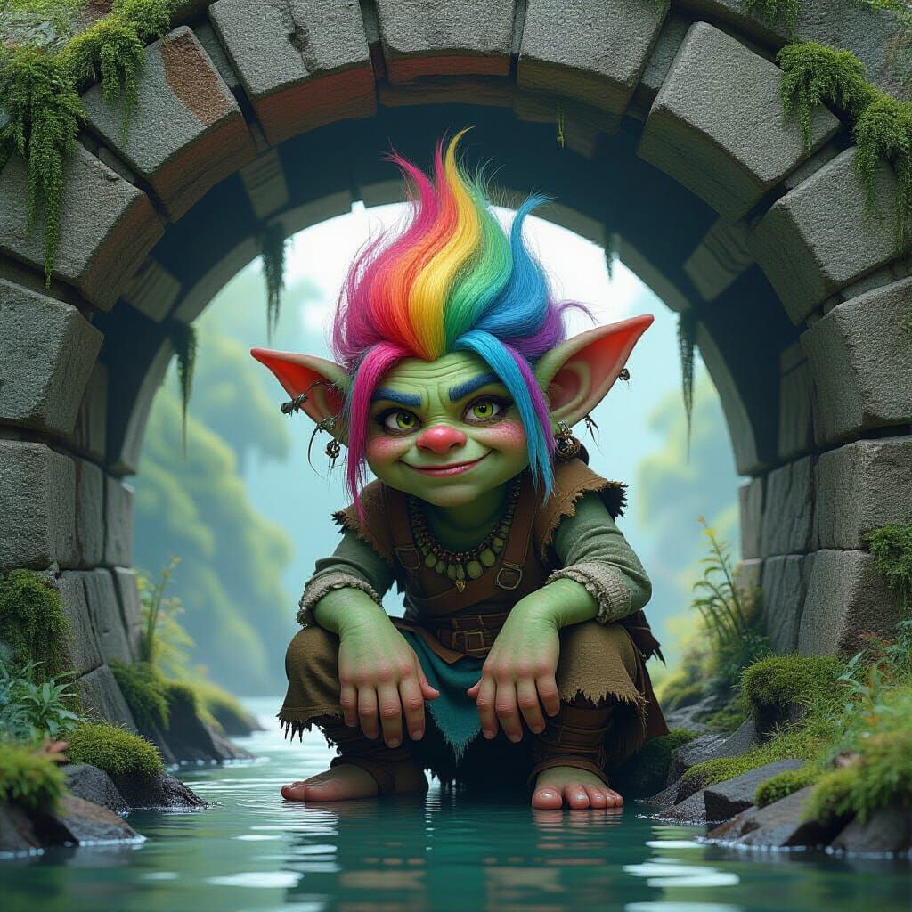 Rainbow Troll Under Bridge in Hyperrealistic Style