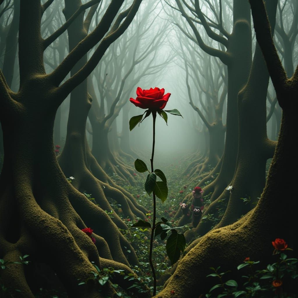 Mystical Forest Rose Glows in Dark Fantasy Art