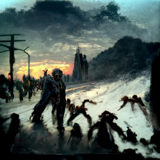 Horror Landscape: Zombies at Sunset in Doré Style