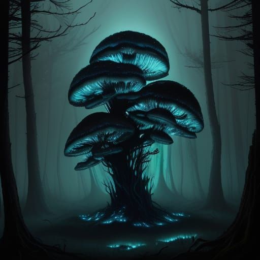 Enchanted Foggy Forest with Glowing Mushrooms in Gustave Dor...