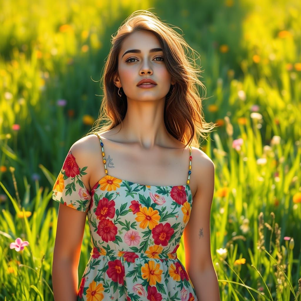 Surreal Young Woman in Vibrant Floral Dress Amidst Lush Gree...