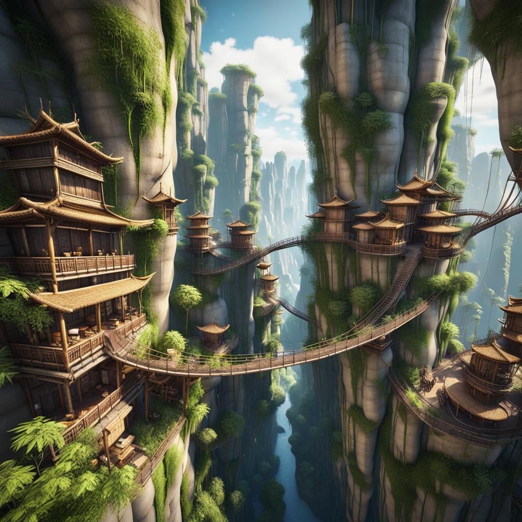 Hanging Bamboo City with Gliders: 3D Game Cinematic