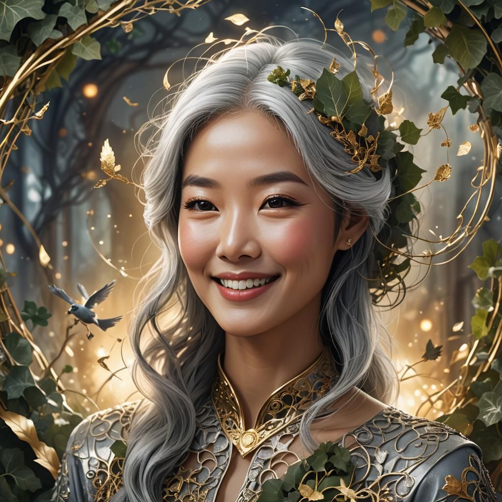 Smiling Asian Woman with Ivy Tunic in Futuristic Room