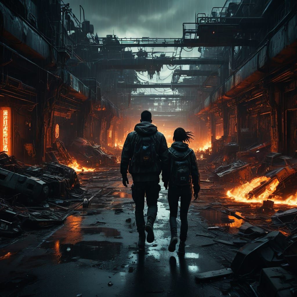 Cyberpunk Woman and Man Escape Flames in Scrapyard
