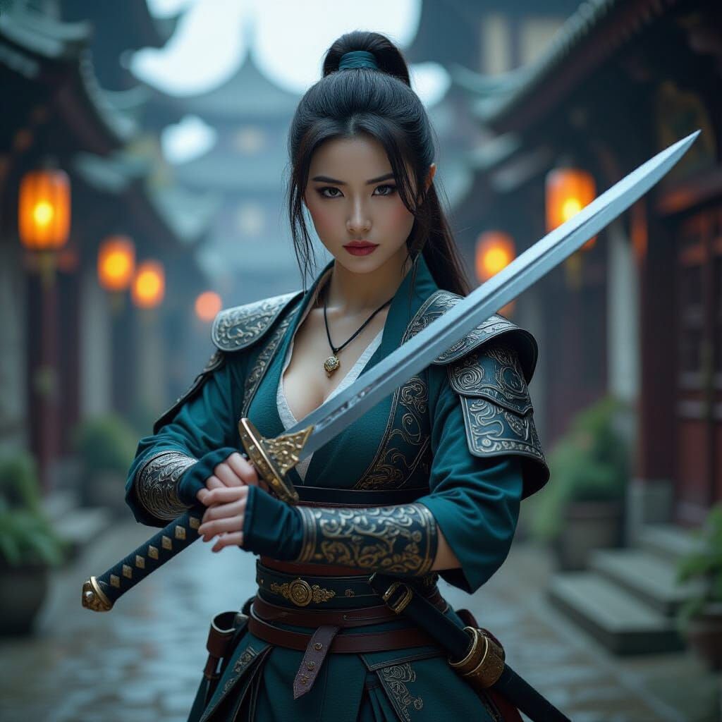 Asian Fantasy Warrior in Medieval City, Cinematic Still