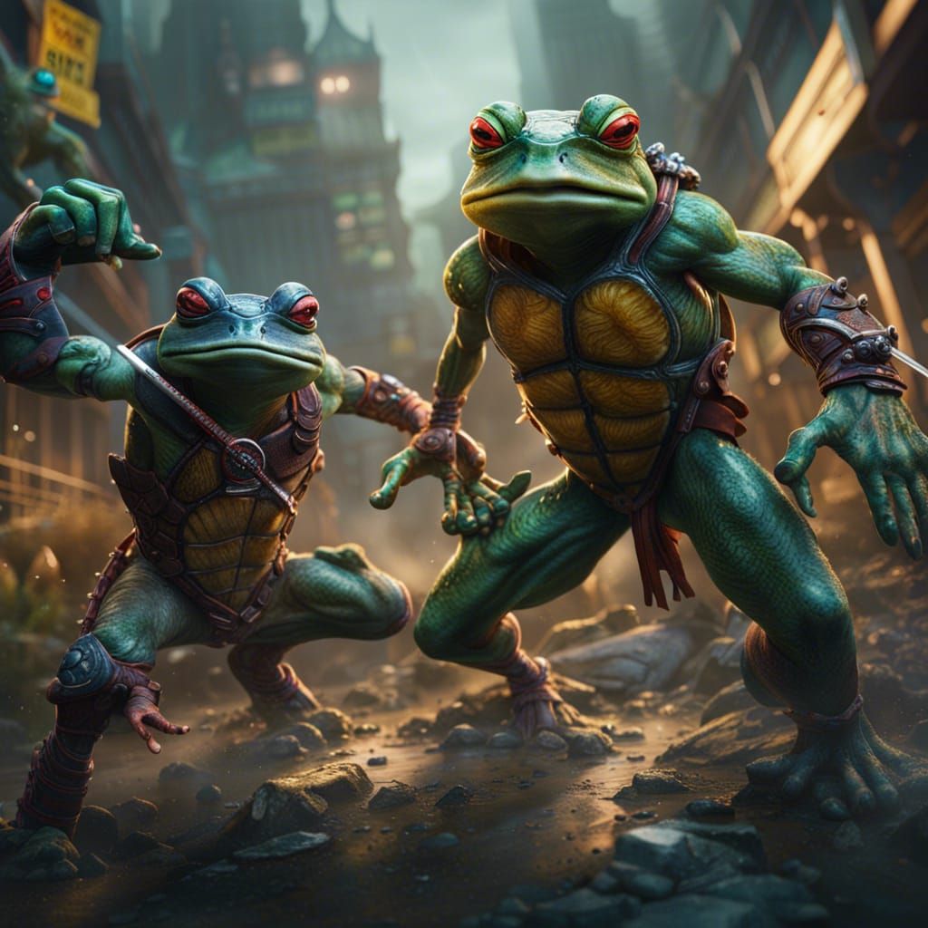 Cyborg Frogs vs Ninja Turtle: Detailed Matte Painting
