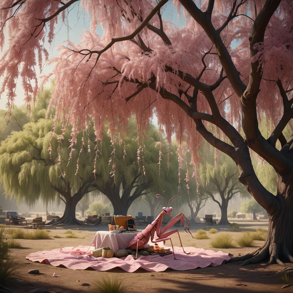 Pink Praying Mantis Picnic in Sandstorm, Fantasy Art