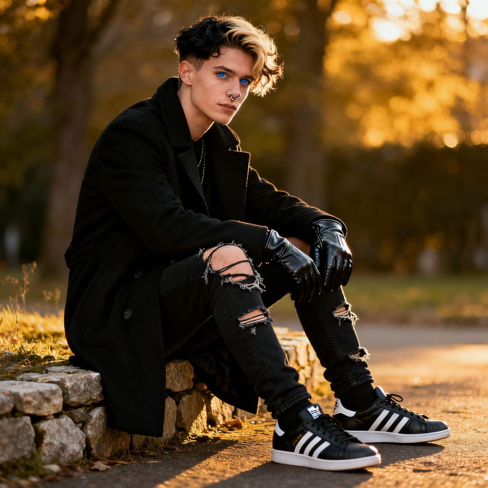Man in Black Overcoat on Stone Wall