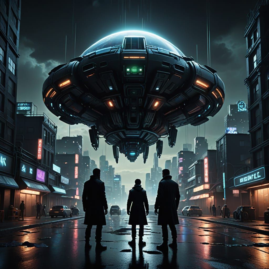 Cyberpunk Cityscape Under Alien Invasion