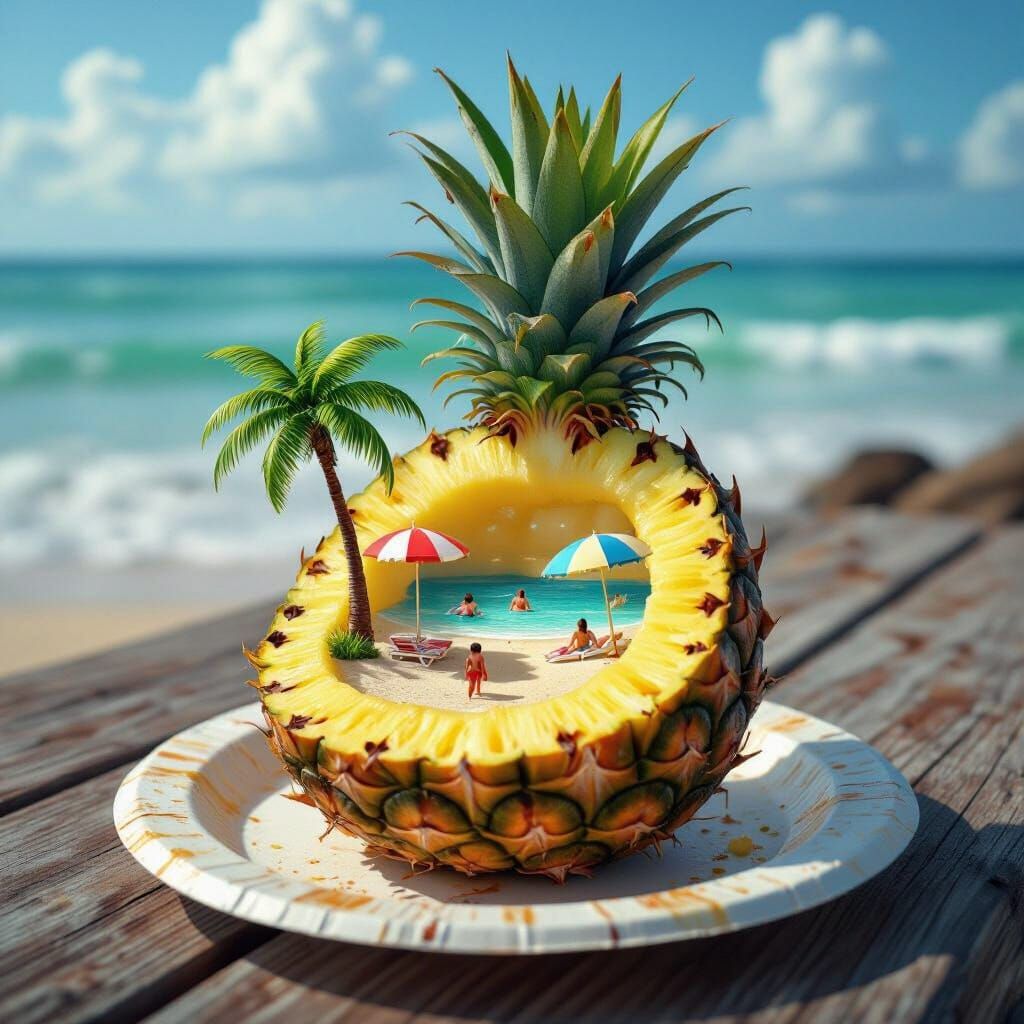 Tropical Island Pineapple Carving in Hyperrealism Style