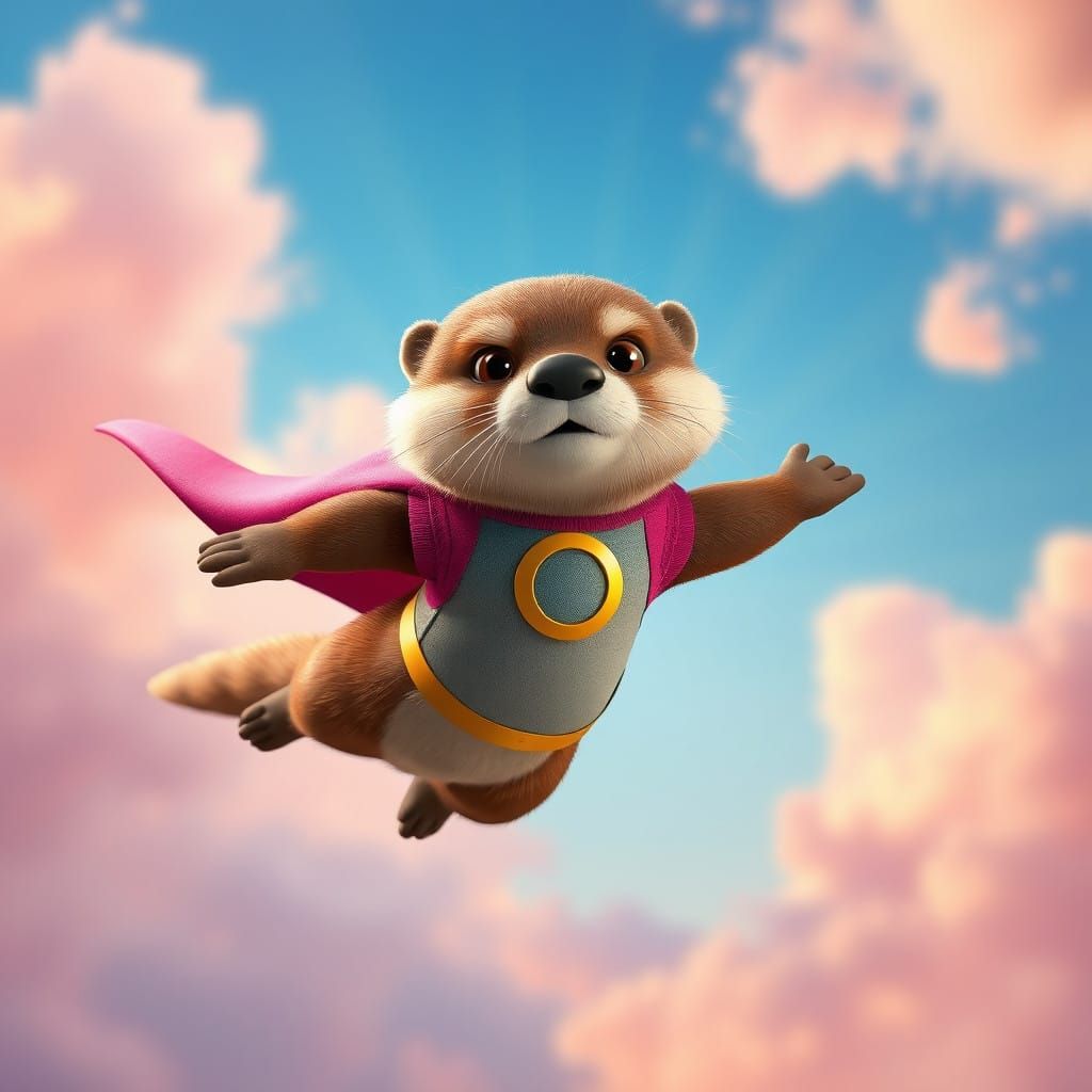 Vibrant Otter Superhero Soars Through the Dreamlike Sky