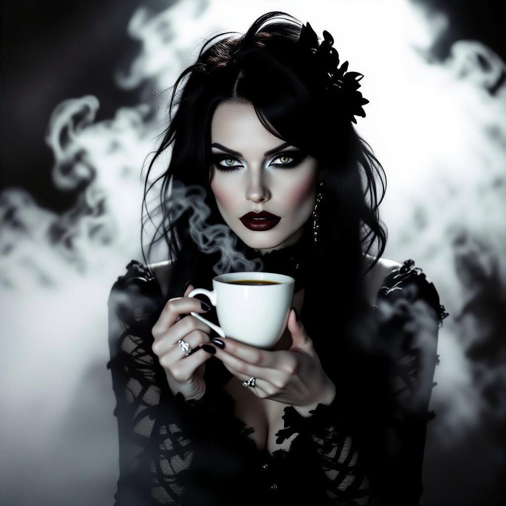 Goth Model in Fog with Coffee, Film Noir Style