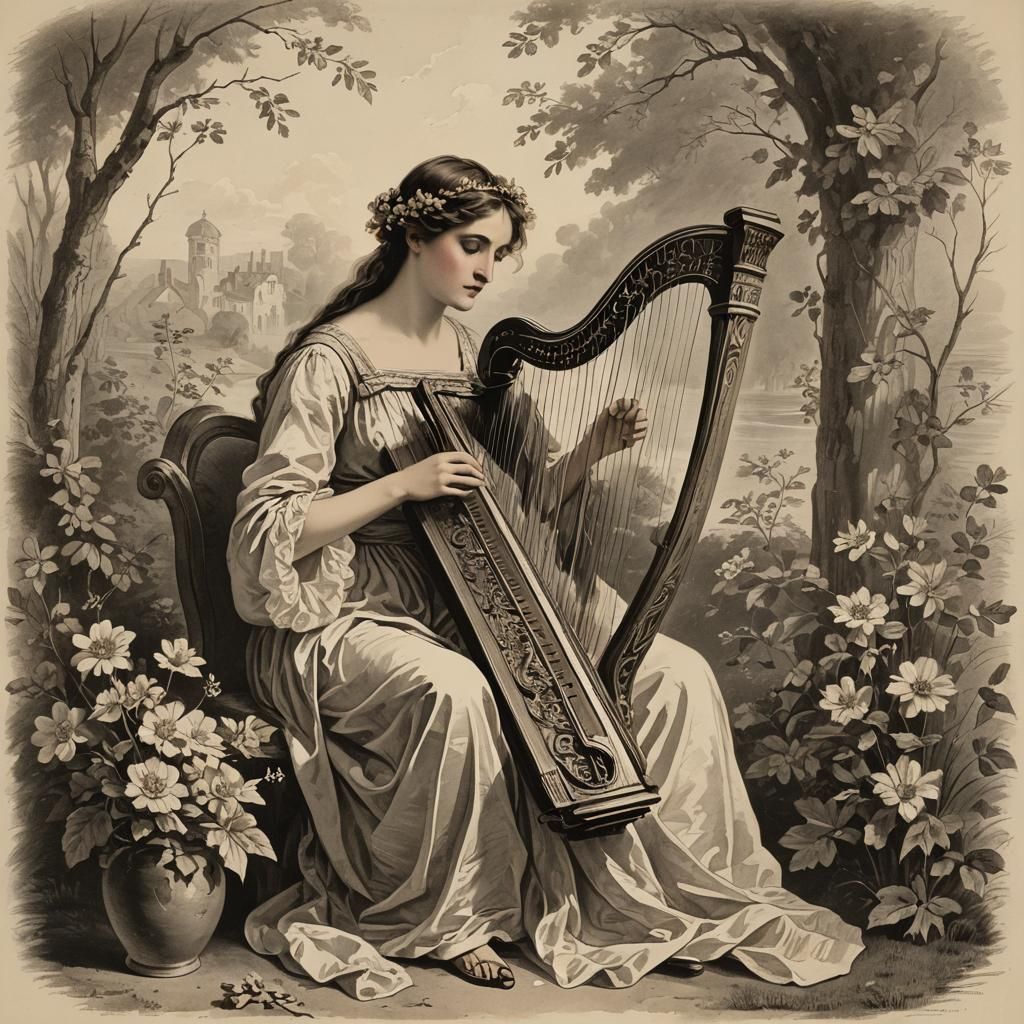 Woman Playing Harp in Romanticism Style