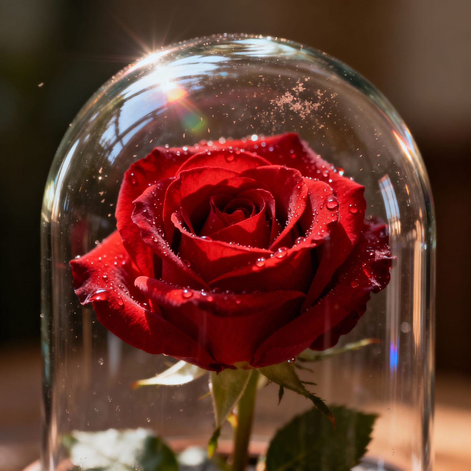 Macro Red Rose Under Glass Dome with Dewdrops