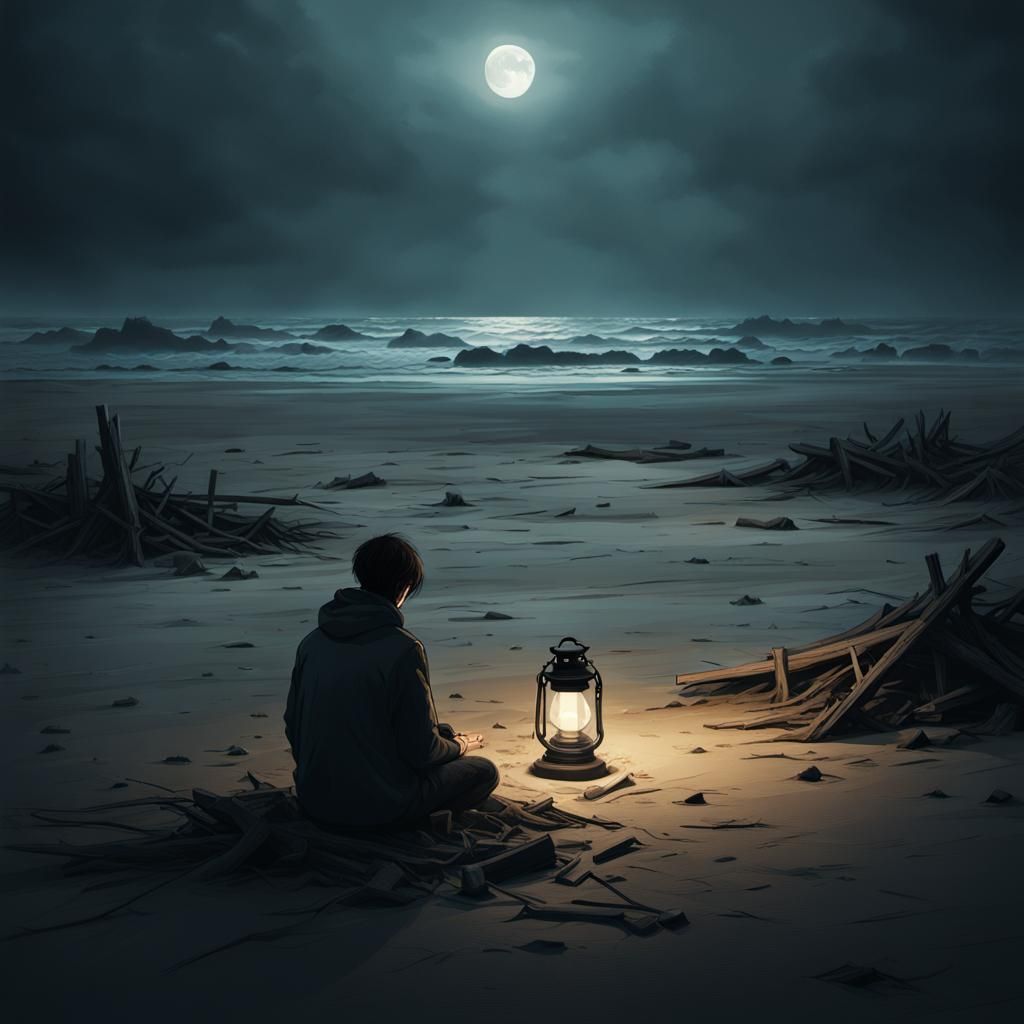 Dark Surrealism: Person on Desolate Beach