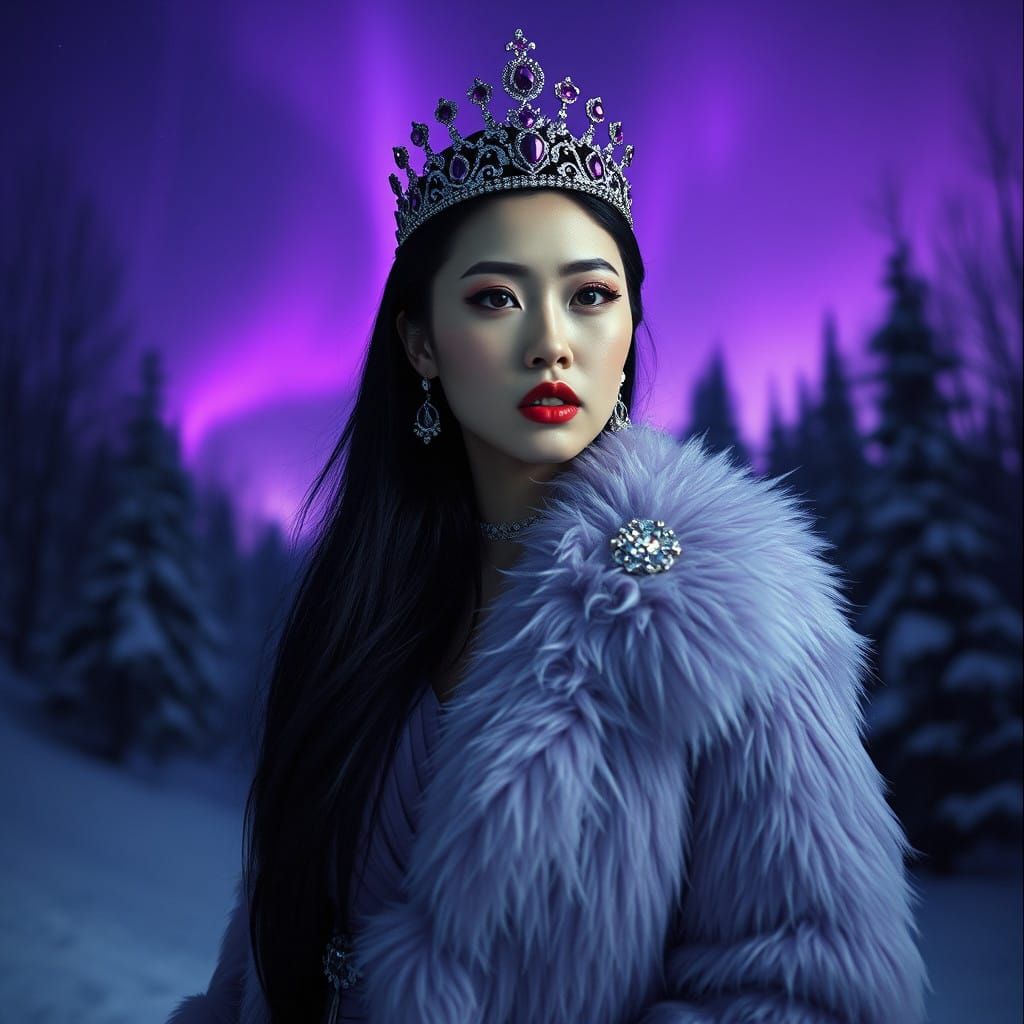 Lavish Regal Woman Stands in Snowy Forest