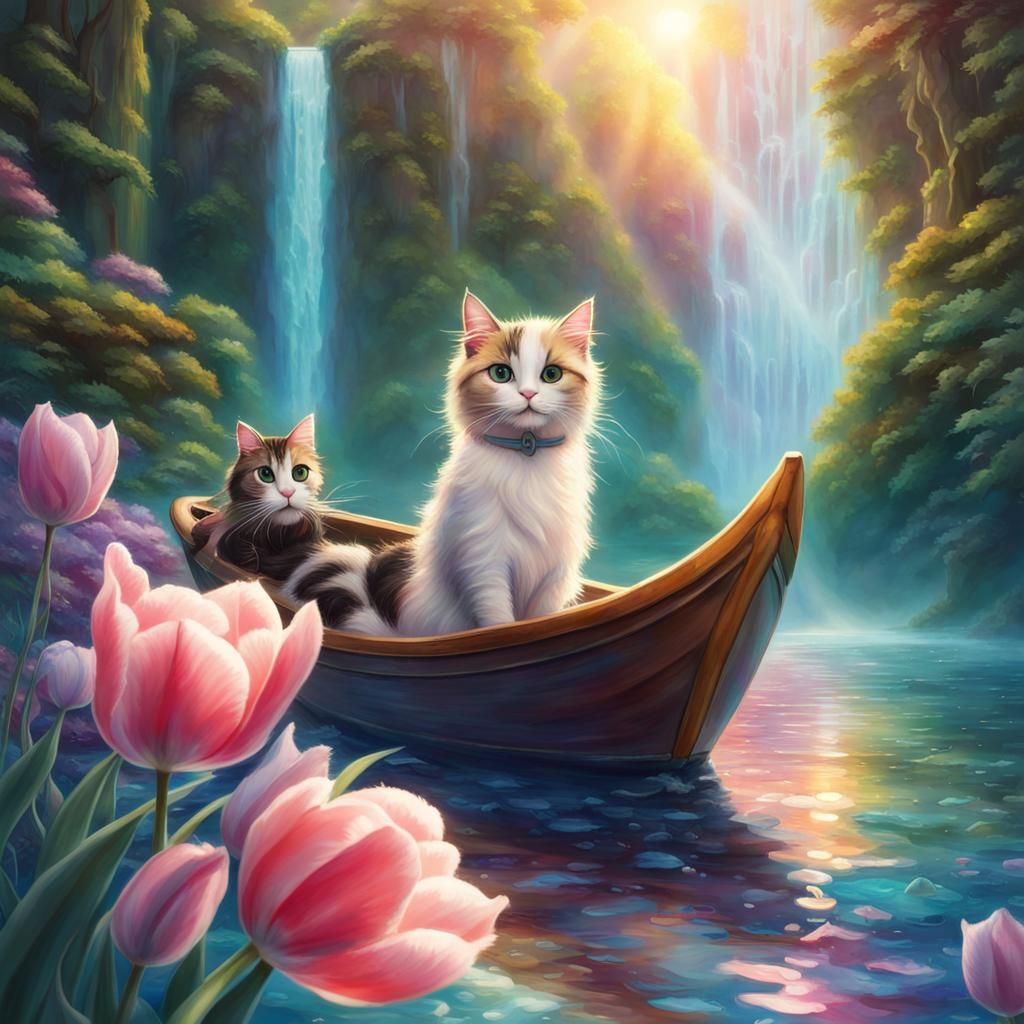 Cat Pirate in a Boat Under a Tulip Waterfall