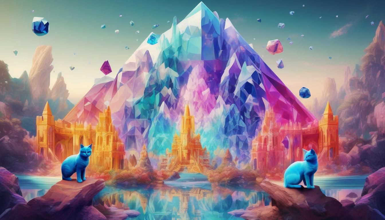 Vivid Crystal Kingdom with Geometric Cats