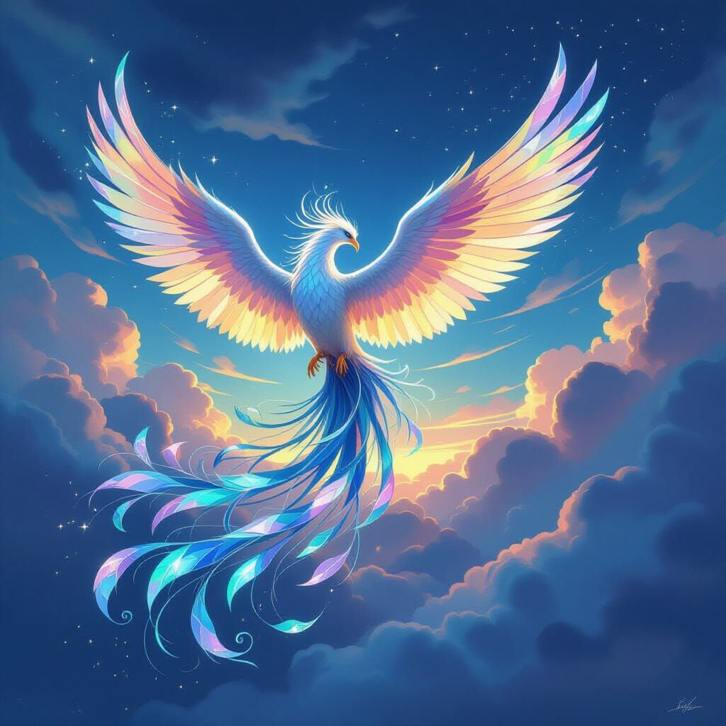 Sea Glass Phoenix Soars Through Stormy Twilight Sky
