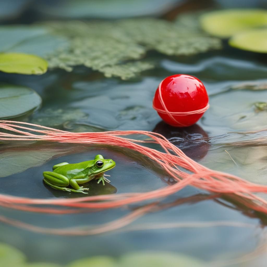 Tiny Red Ball Unwinds on Garden Path in Watercolor