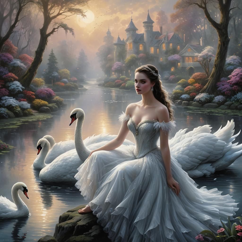 Ethereal Swan Girl Fantasy in Dreamlike Mist