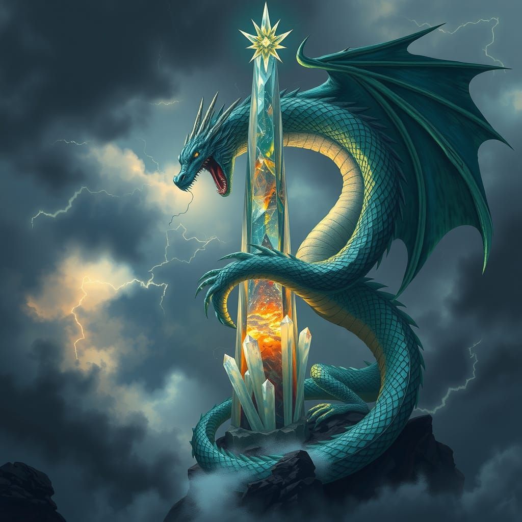 Dragon Wrapped Around Crystal Spire in Stormy Sky