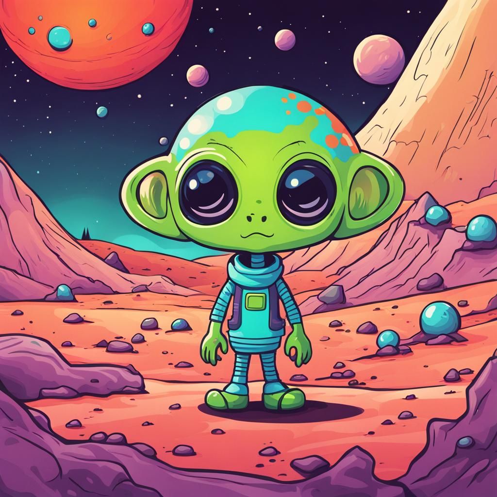 Cartoon Alien on a Planet in Bright Colors