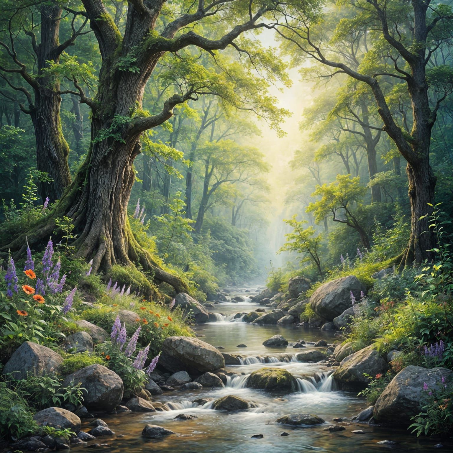 Ethereal Forest Landscape with Flowers in Painting Style