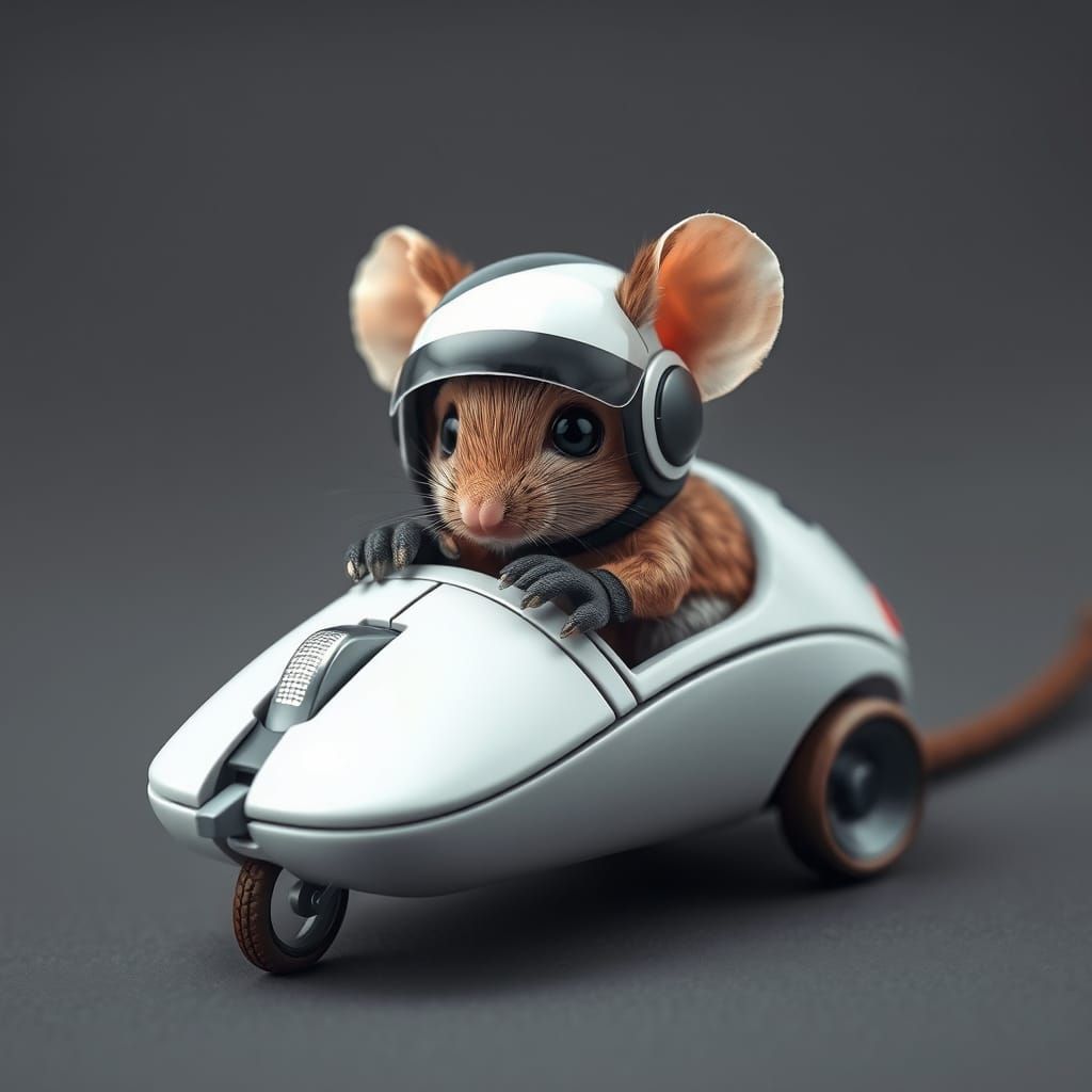 Mouse Drives Mouse Car in Hyperrealistic Digital Art