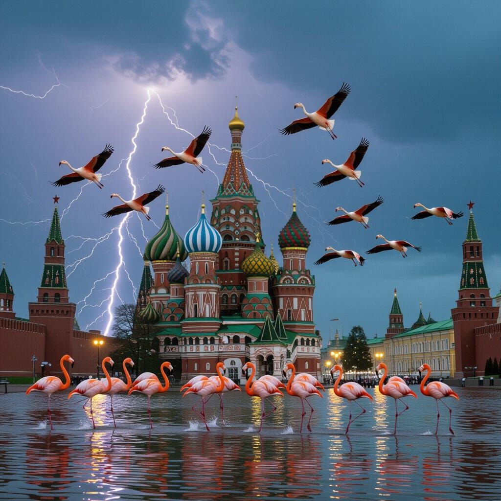 Flamingos Fly Over Red Square During Storm